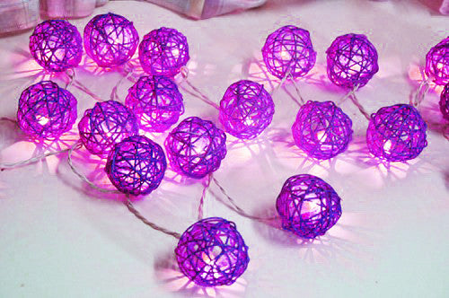 20-Piece Purple LED Rattan Ball String Lights - Battery-Powered Fairy Lights for Home, Wedding, and Party Decorations - 5cm Diameter, 3m Length