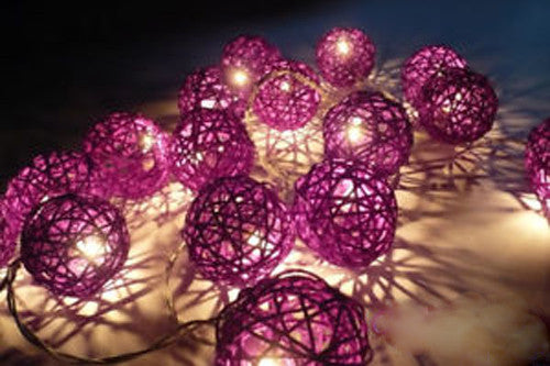 20-Piece Purple LED Rattan Ball String Lights - Battery-Powered Fairy Lights for Home, Wedding, and Party Decorations - 5cm Diameter, 3m Length