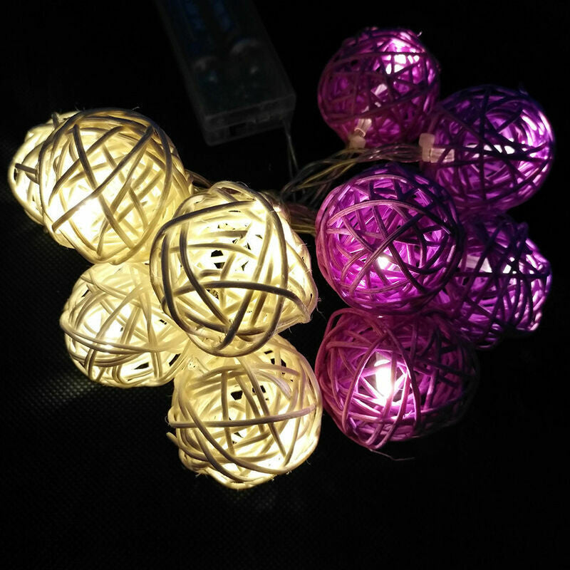 1 Set of Purple n White 5cm Rattan Cane 50 Ball Battery Powered LONG 5m String Lights Christmas Gift Home Wedding Party Bedroom Decoration Table Centrepiece