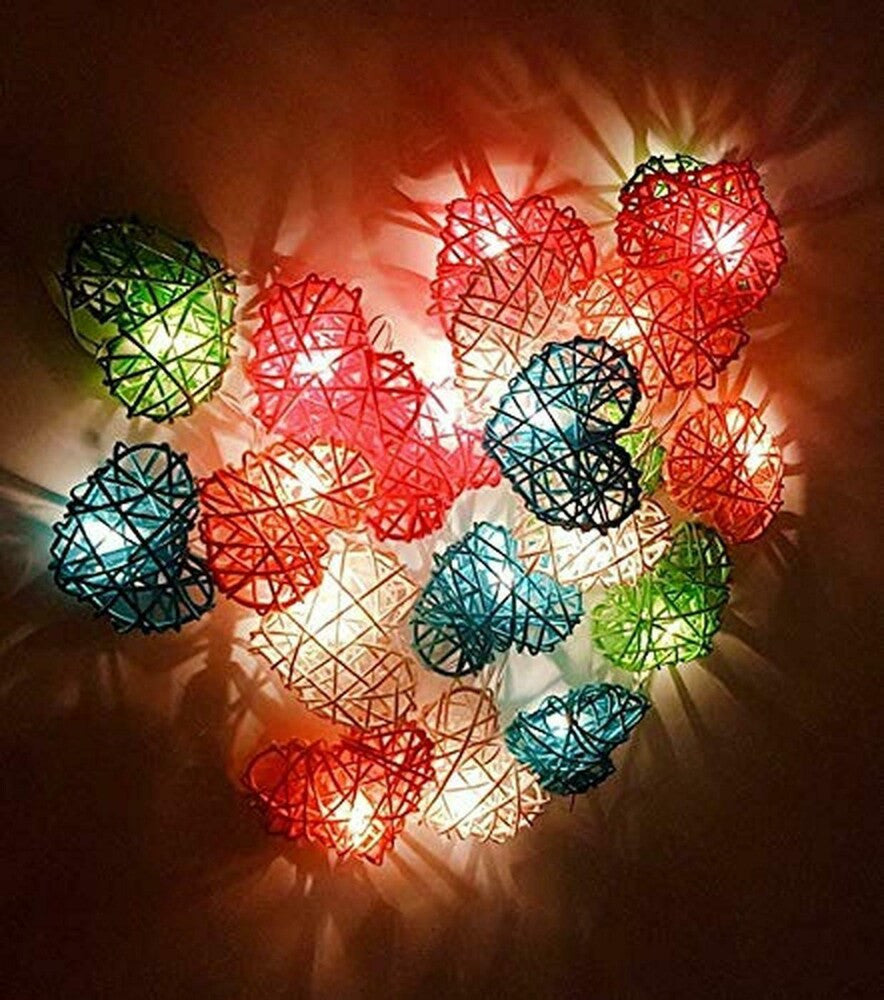 20 Rainbow 3D Hollowed Rattan Heart-Shaped 3M String Fairy Lights, Battery (AA) Indoor & Outdoor Decorations Birthday Kids Celebration PartyRoom Table Lighting