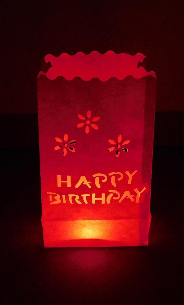 50 Pack Red Happy Birthday Luminary Paper Candle Tea Light Lantern Bags Garden Anniversary Birthday Night Decorations Evening Party