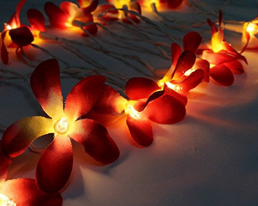 20 LED Deep Red Frangipani Flower Battery-Powered String Lights for Home, Wedding, and Party Decor - Versatile Outdoor Table Garland and Wreath