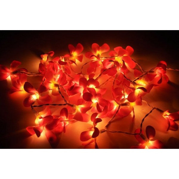 20 LED Deep Red Frangipani Flower Battery-Powered String Lights for Home, Wedding, and Party Decor - Versatile Outdoor Table Garland and Wreath