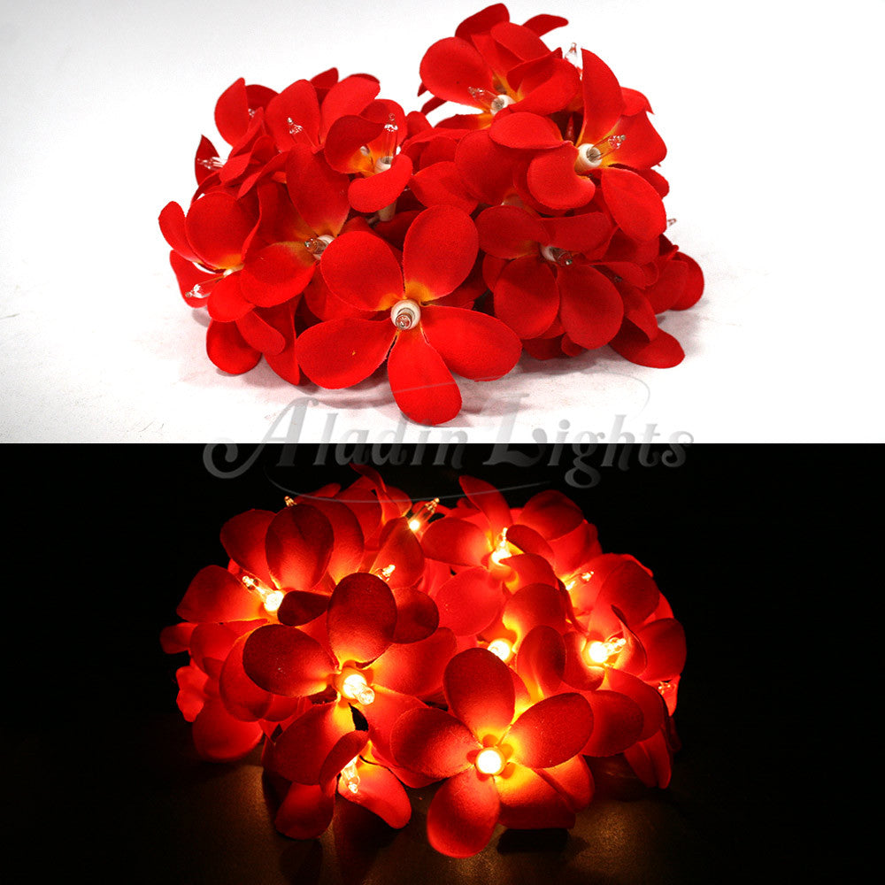 20 LED Deep Red Frangipani Flower Battery-Powered String Lights for Home, Wedding, and Party Decor - Versatile Outdoor Table Garland and Wreath