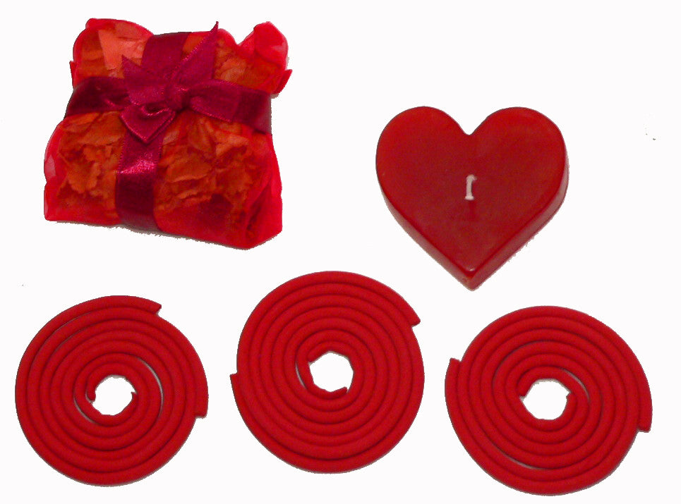 Red Heart Candle Spa Giftset - Red Heart candle, 3 Incense Coils, Pot Porri Satchet in Gift Box