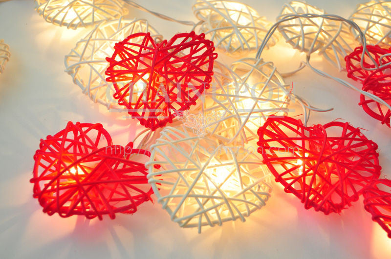 20 Red and White 3D Hollowed Rattan Heart-Shaped 3M String Fairy Lights, Battery (AA) Indoor & Outdoor Decorations Wedding Valentines Romantic Room
