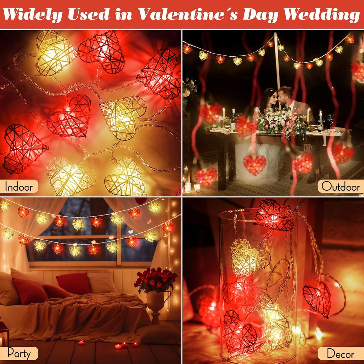 20 Red and White 3D Hollowed Rattan Heart-Shaped 3M String Fairy Lights, Battery (AA) Indoor & Outdoor Decorations Wedding Valentines Romantic Room