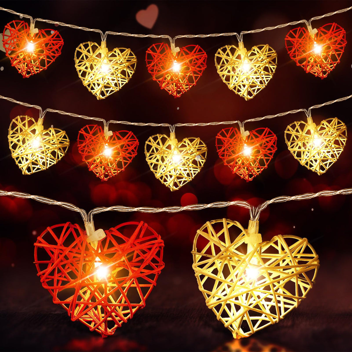 20 Red and White 3D Hollowed Rattan Heart-Shaped 3M String Fairy Lights, Battery (AA) Indoor & Outdoor Decorations Wedding Valentines Romantic Room
