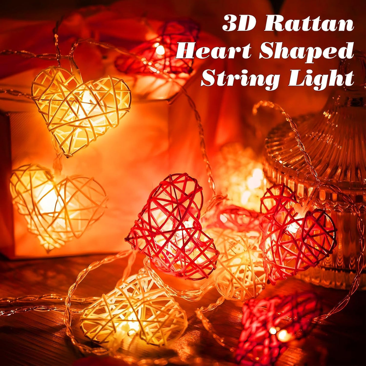 20 Red and White 3D Hollowed Rattan Heart-Shaped 3M String Fairy Lights, Battery (AA) Indoor & Outdoor Decorations Wedding Valentines Romantic Room