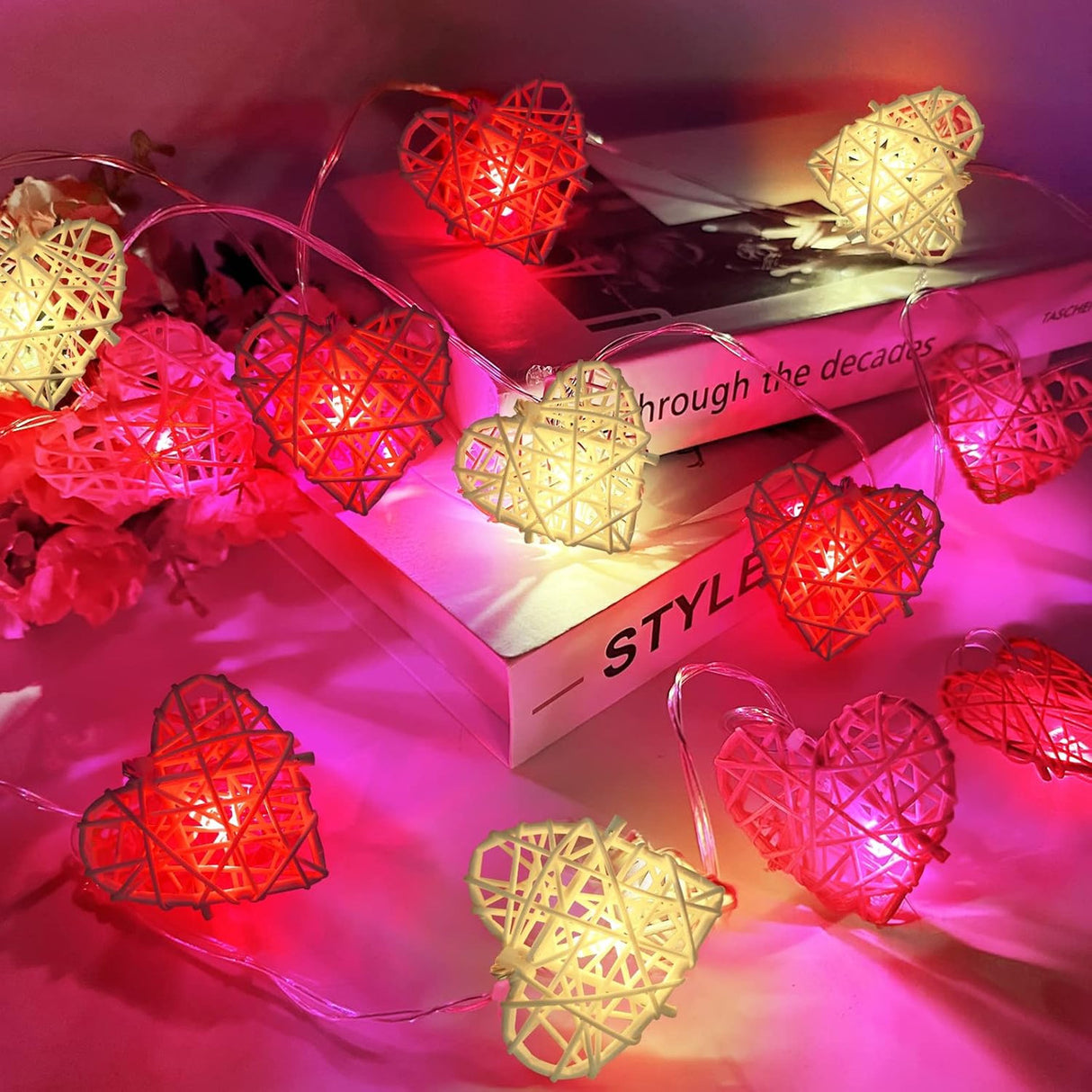 20 Red and White 3D Hollowed Rattan Heart-Shaped 3M String Fairy Lights, Battery (AA) Indoor & Outdoor Decorations Wedding Valentines Romantic Room