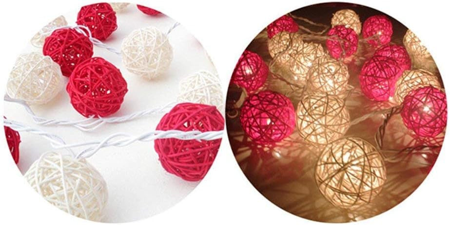 1 Set of Red and White 5cm Rattan Cane 50 Ball Battery Powered LONG 5m String Lights Christmas Gift Home Wedding Party Bedroom Decoration Table Centrepiece