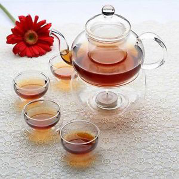 Elegant Gongfu Tea Ceremony Set - 6 Heat-Resistant Glass Cups with Infuser and Tealight Candle Warmer