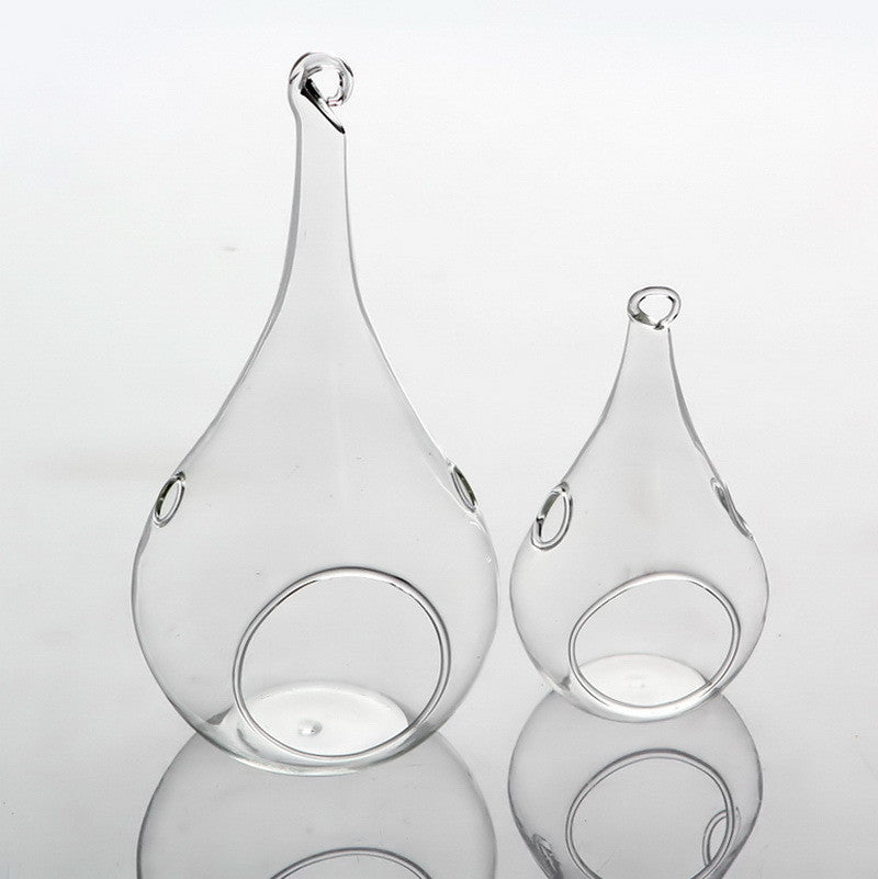 Set of 10 Tear Drop Shaped Hanging Clear Glass Tealight Candle Holders - 12.5cm High - Ideal for Terrariums and Mini Garden Decor