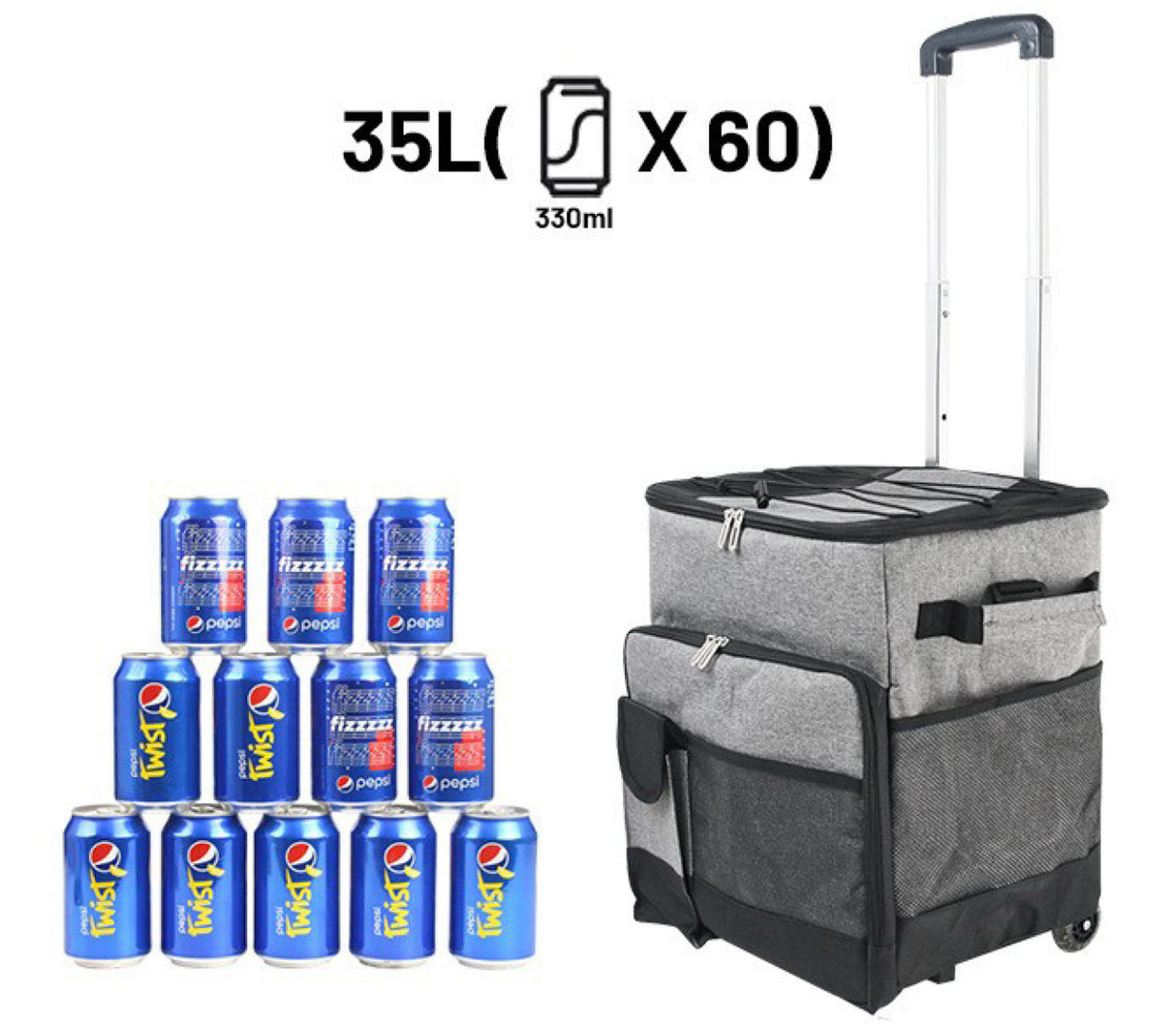 Thermal Insulated Trolley Cooler Bag - 36L Capacity for 60 Cans - Grey - Waterproof Picnic Backpack with Wheels