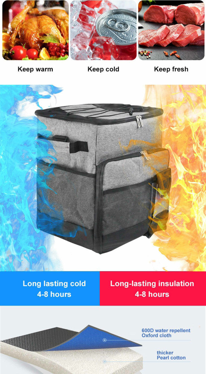 Thermal Insulated Trolley Cooler Bag - 36L Capacity for 60 Cans - Grey - Waterproof Picnic Backpack with Wheels