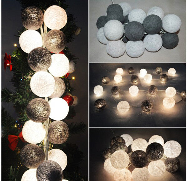 20-Piece Black and White LED Cotton Ball Fairy Lights – Battery-Powered String Lights for Weddings, Parties, and Home Decor – 5cm Decorative Balls for Indoor and Outdoor Use