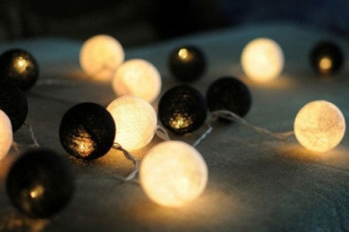 20-Piece Black and White LED Cotton Ball Fairy Lights – Battery-Powered String Lights for Weddings, Parties, and Home Decor – 5cm Decorative Balls for Indoor and Outdoor Use