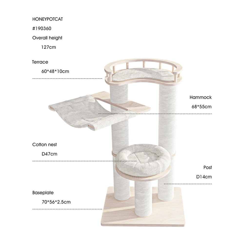 HONEYPOTCAT Leisure Loft With Hammock & Scratch Post - White Velvet - 127cm