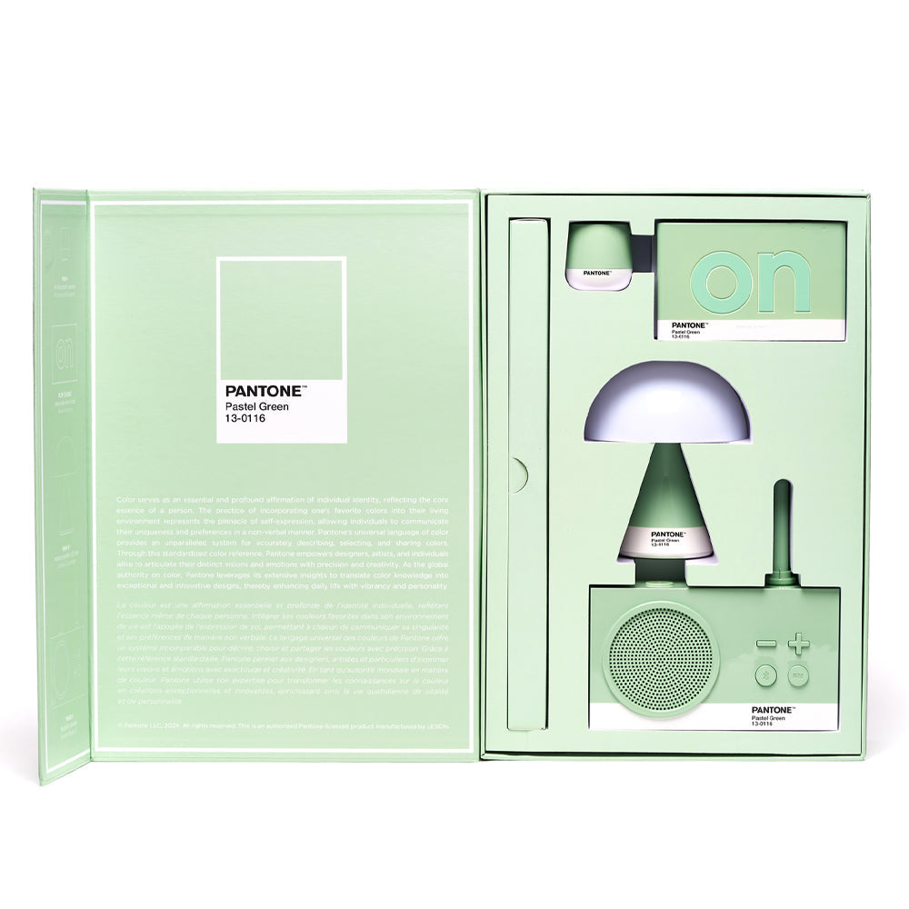 Lexon GIFT Set PANTONE - Includes Mino+ Mini Speaker, Flip Classic Clock, Mina M Lamp, Thykho 3 Speaker - Green