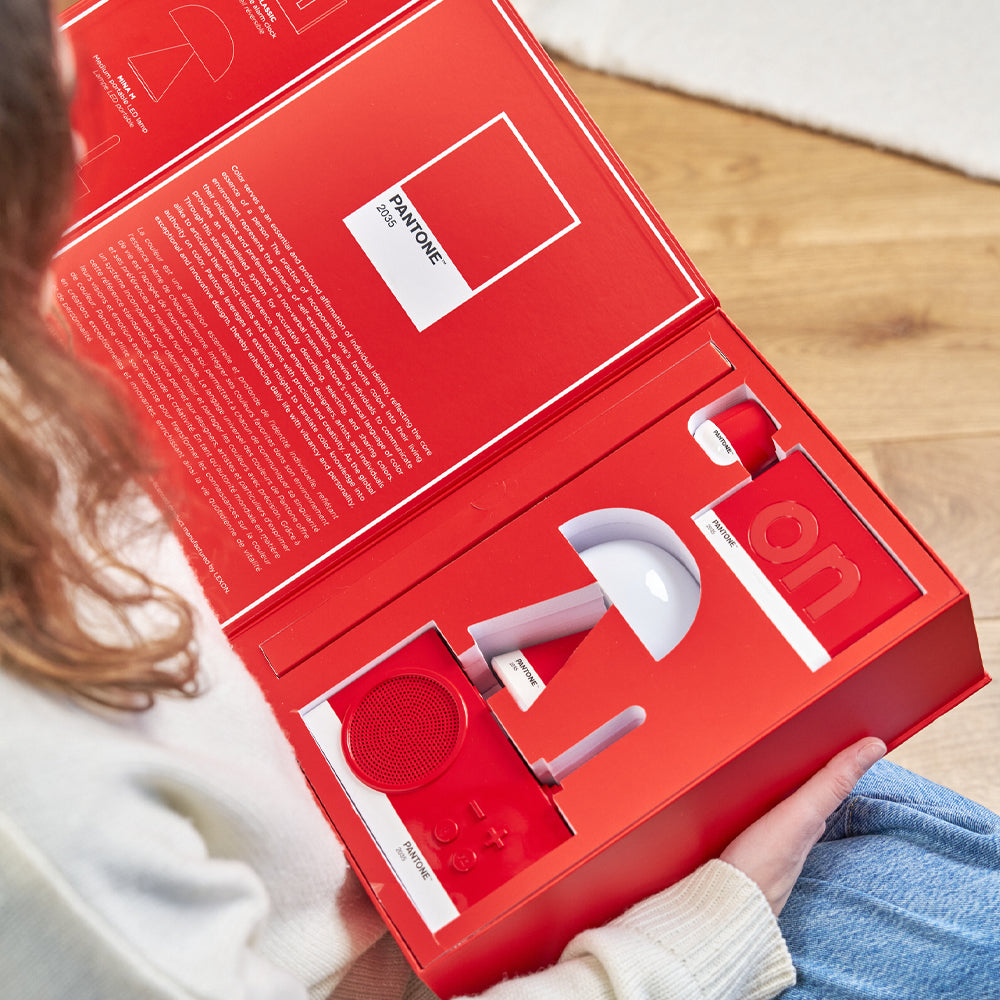Lexon GIFT Set PANTONE - Includes Mino+ Mini Speaker, Flip Classic Clock, Mina M Lamp, Thykho 3 Speaker - 2035 Red
