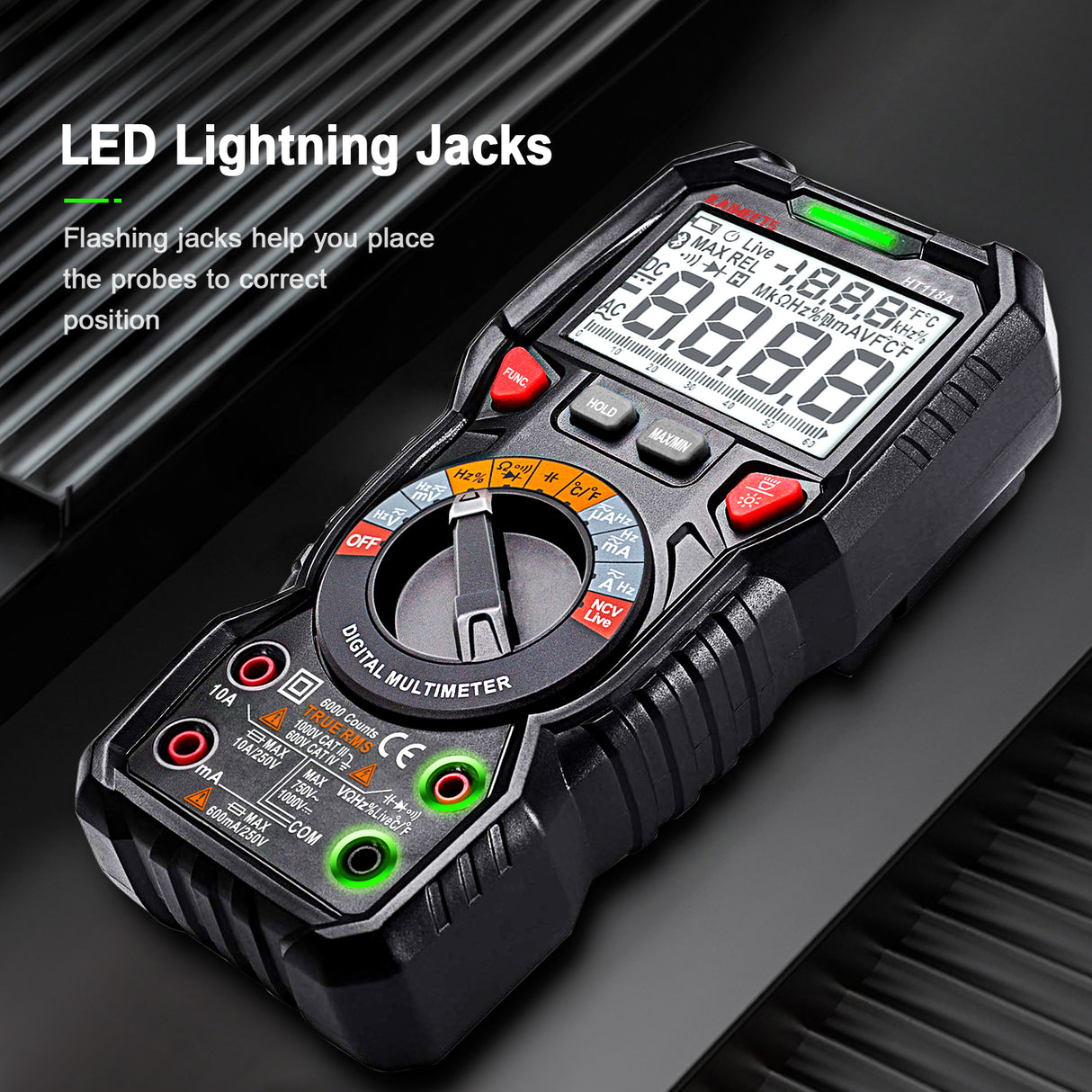 KAIWEETS HT118A 6000 Counts TRMS Digital Multimeter with Auto-Ranging for Accurate Voltage, Current, Resistance, and Temperature Measurements