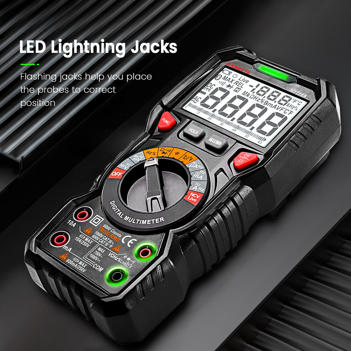 KAIWEETS HT118A 6000 Counts TRMS Digital Multimeter with Auto-Ranging for Accurate Voltage, Current, Resistance, and Temperature Measurements