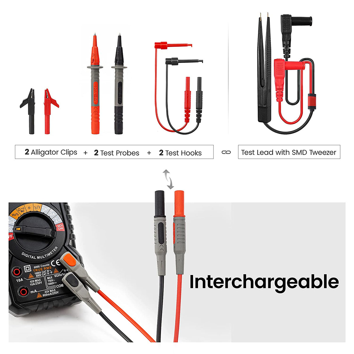 KAIWEETS Soft Silicone Electrician Test Leads Kit CAT III 1000V & CAT IV 600V with Alligator Clips and Needle Probe for Fluke/AstroAI/INNOVA Multimeter Electronic Clamp Meter 8PCS