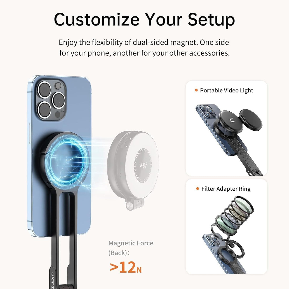 ULANZI MA30 Magnetic Phone Tripod Stand for iPhone - Aluminium Maglock Smartphone Mini Tripod Pocket Cell Phone Stand Dual-Sided Magnet Quick Mount