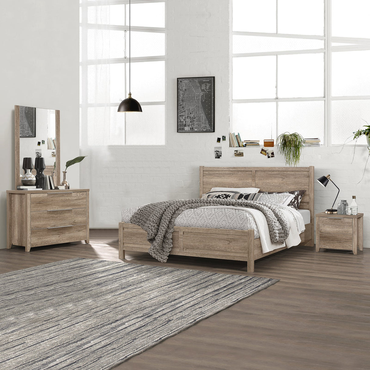 4 Pieces Bedroom Suite Natural Wood Like MDF Structure Queen Size Oak Colour Bed, Bedside Table & Dr