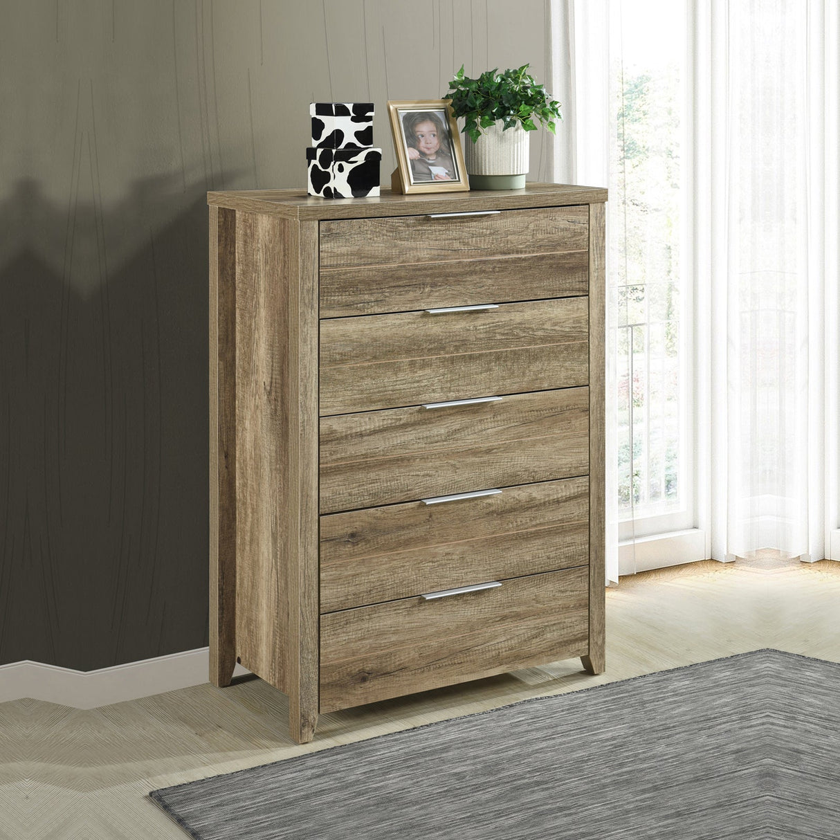 5 Pieces Bedroom Suite Natural Wood Like MDF Structure Double Size Oak Colour Bed, Bedside Table, Tallboy & Dresser