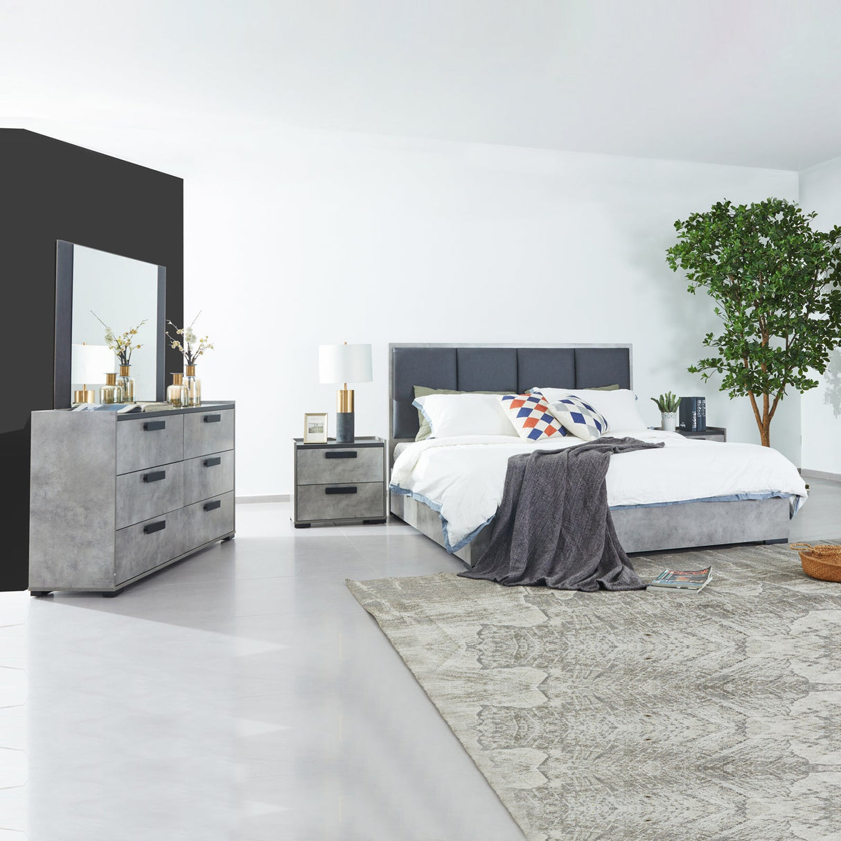 Queen 4 Pcs Bedroom Suite with Tallboy Fabric Upholstery MDF Combination of Black & Cement Colour