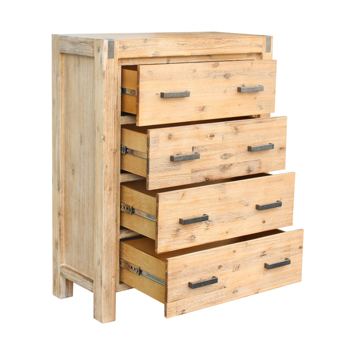 4 Pieces Bedroom Suite in Solid Wood Veneered Acacia Construction Timber Slat Queen Size Oak Colour Bed, Bedside Table & Tallboy