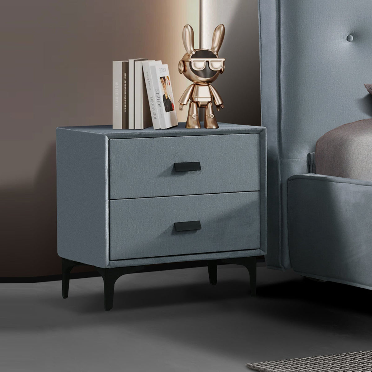 Estella Bedside Table MDF Construction Fabric Upholstery Iron Feet