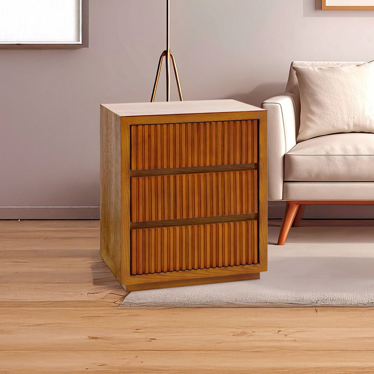 Bedside Table MDF Brown Colour Waveform Design Three Drawers