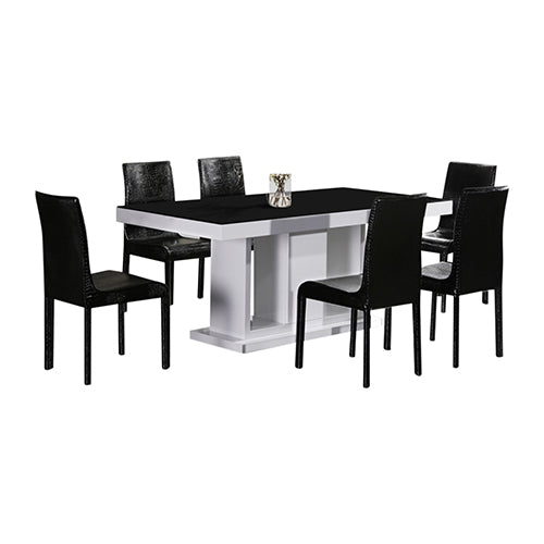 7 Pieces Dining Suite Dining Table & 6X Black Chairs in Rectangular Shape High Glossy MDF Wooden Base Combination of Black & White Colour