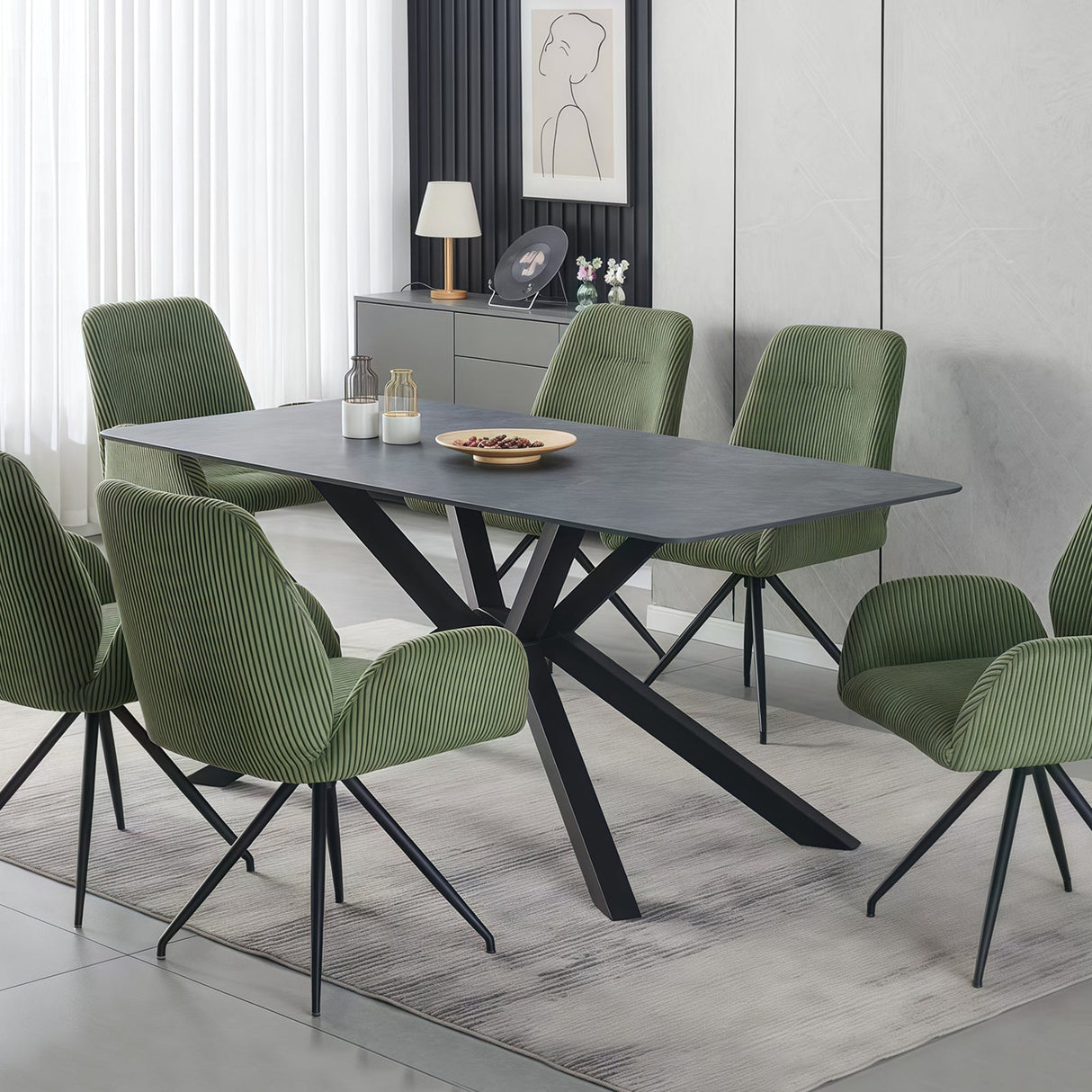 Dining Table Rectangular Shape Green Sintered Stone Top Powder Coated Iron Legs