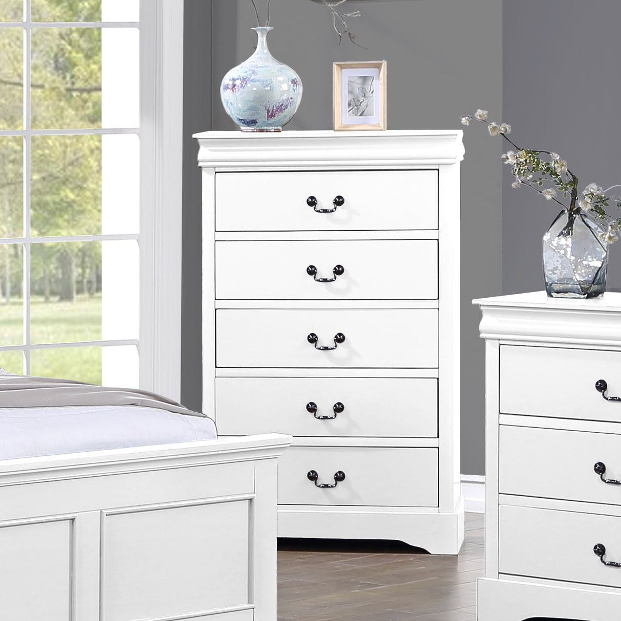 Tallboy with 5 Storage Drawers in Solid Wooden Metal Handles White Colour