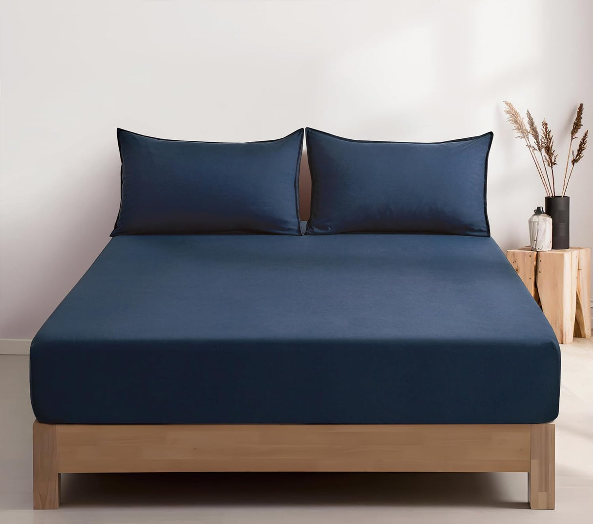 100% Vintage Washed Microfibre Fitted Sheet Set – Ultra Soft & Lightweight All-Season Fitted Sheet with 1 Pillowcase (Navy Blue, Single Size)