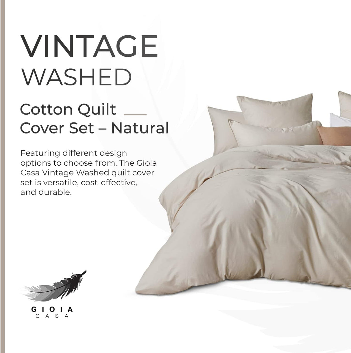 100% Cotton Vintage Washed Bed Quilt Cover Set - Natural - Single