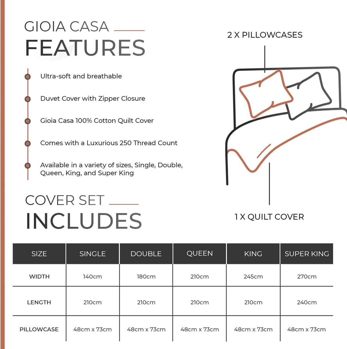 100% Cotton Vintage Washed Bed Quilt Cover Set - Brick - Double Size