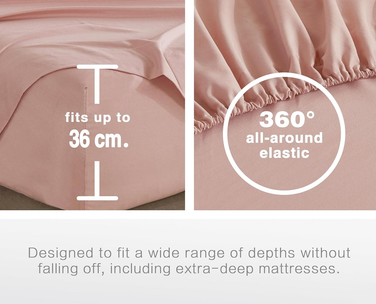 100% Vintage Washed Microfibre Fitted Sheet Set – Ultra Soft & Lightweight All-Season Fitted Sheet with 2 Pillowcases (Pink, Queen Size)
