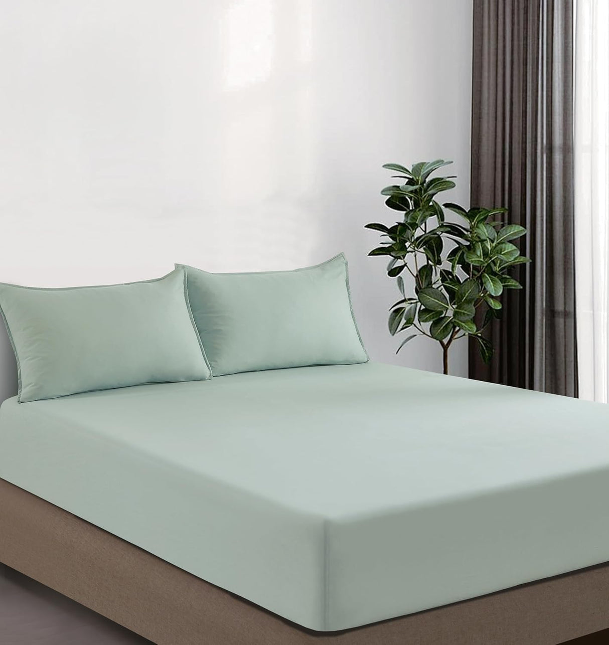 100% Vintage Washed Microfibre Fitted Sheet Set – Ultra Soft & Lightweight All-Season Fitted Sheet with 2 Pillowcases (Sage, Queen Size)