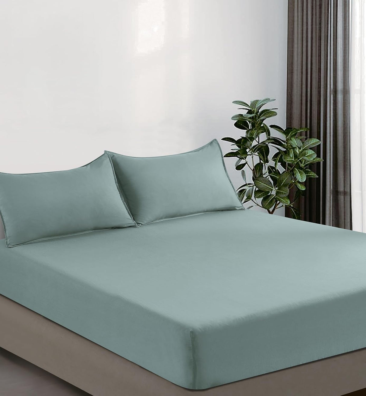 100% Vintage Washed Microfibre Fitted Sheet Set – Ultra Soft & Lightweight All-Season Fitted Sheet with 2 Pillowcases (Seafoam, Queen Size)