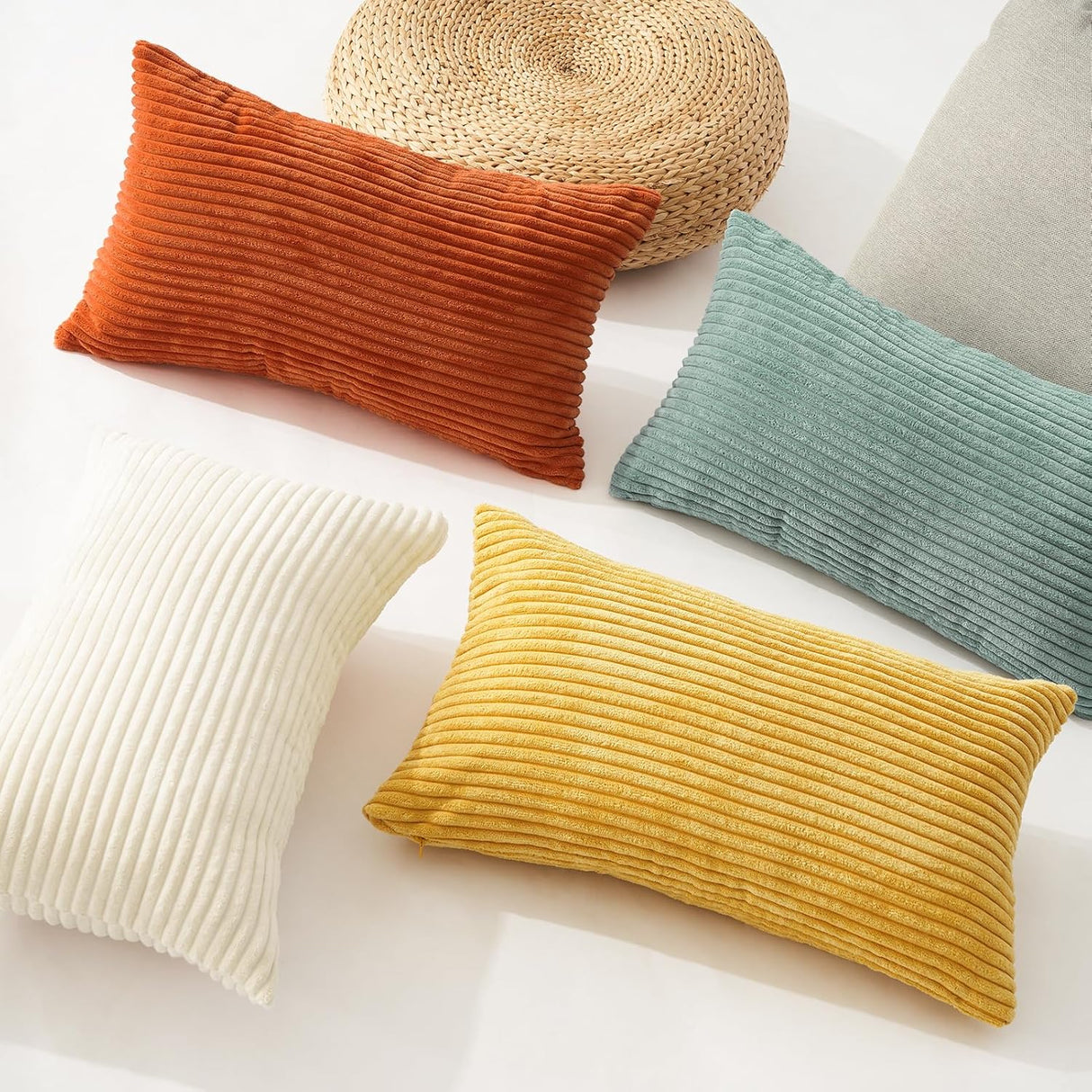 Corduroy Velvet Cushion Covers - Soft Velvet Fabric with Hidden Zipper - Rainbow, 30cm x 50cm (Pack of 4)