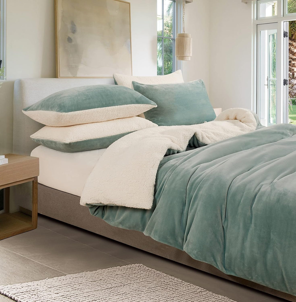 2-in-1 Teddy Sherpa Quilt Cover Set (Queen Size - Sage Green)