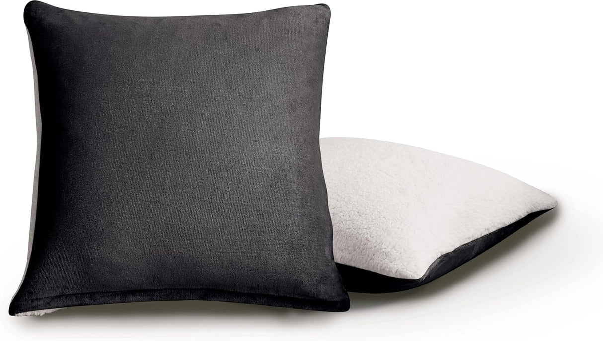 Teddy Sherpa Twin-Pack European Pillowcases - Soft Reversible Velvet & Sherpa Cushion Covers - Machine Washable with Zipper Closure - 65x65cm - Charcoal