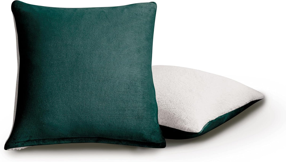 Teddy Sherpa Twin-Pack European Pillowcases - Soft Reversible Velvet & Sherpa Cushion Covers - Machine Washable with Zipper Closure - 65x65cm - Emerald Green
