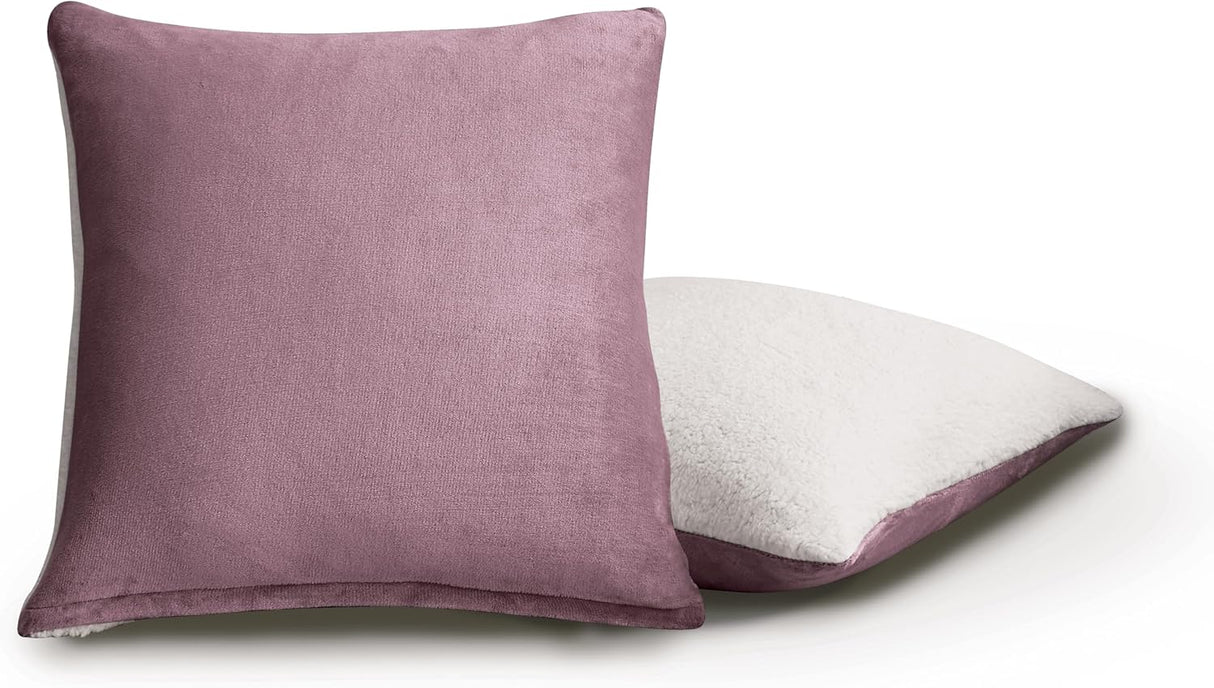 Teddy Sherpa Twin-Pack European Pillowcases - Soft Reversible Velvet & Sherpa Cushion Covers - Machine Washable with Zipper Closure - 65x65cm - Mauve