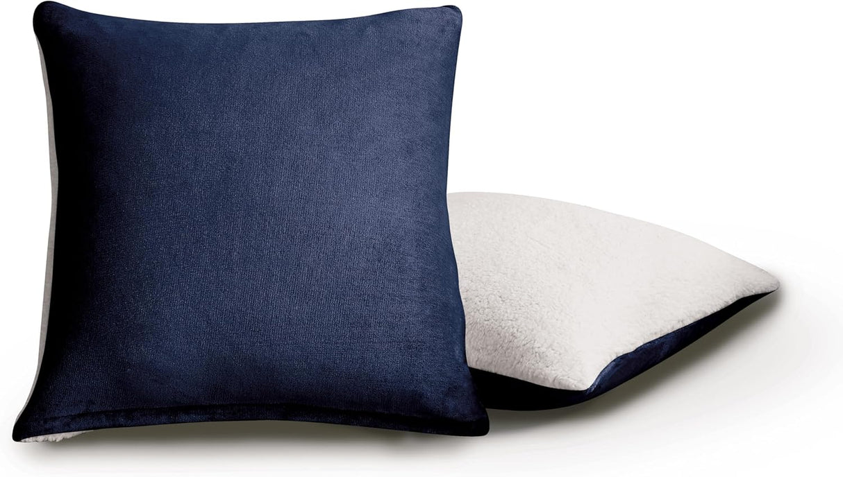 Teddy Sherpa Twin-Pack European Pillowcases - Soft Reversible Velvet & Sherpa Cushion Covers - Machine Washable with Zipper Closure - 65x65cm - Navy Blue