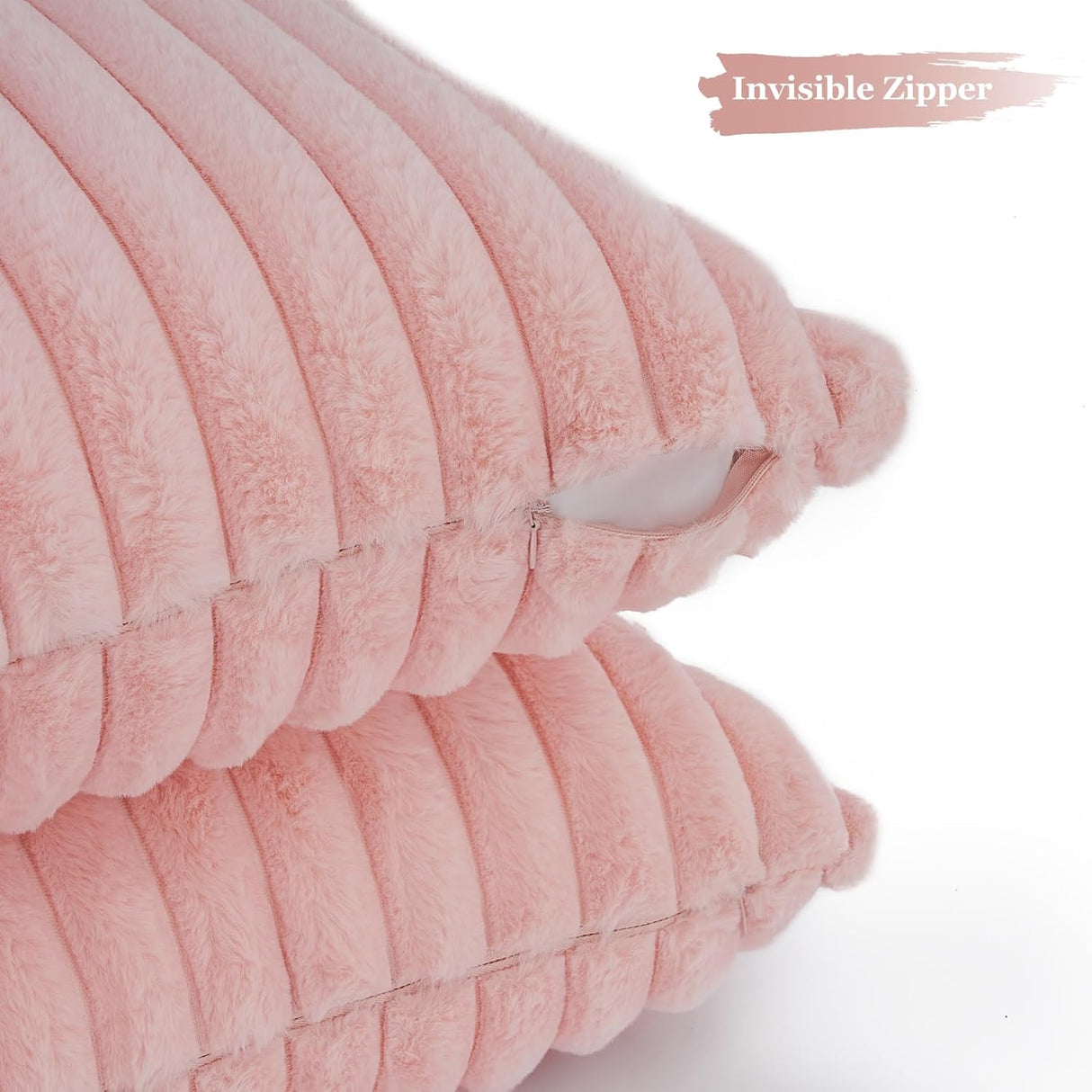 Faux Fur Cushion Covers - Chunky Embossed Flannel with Hidden Zipper - Pink, 45cm x 45cm (Pack of 2)